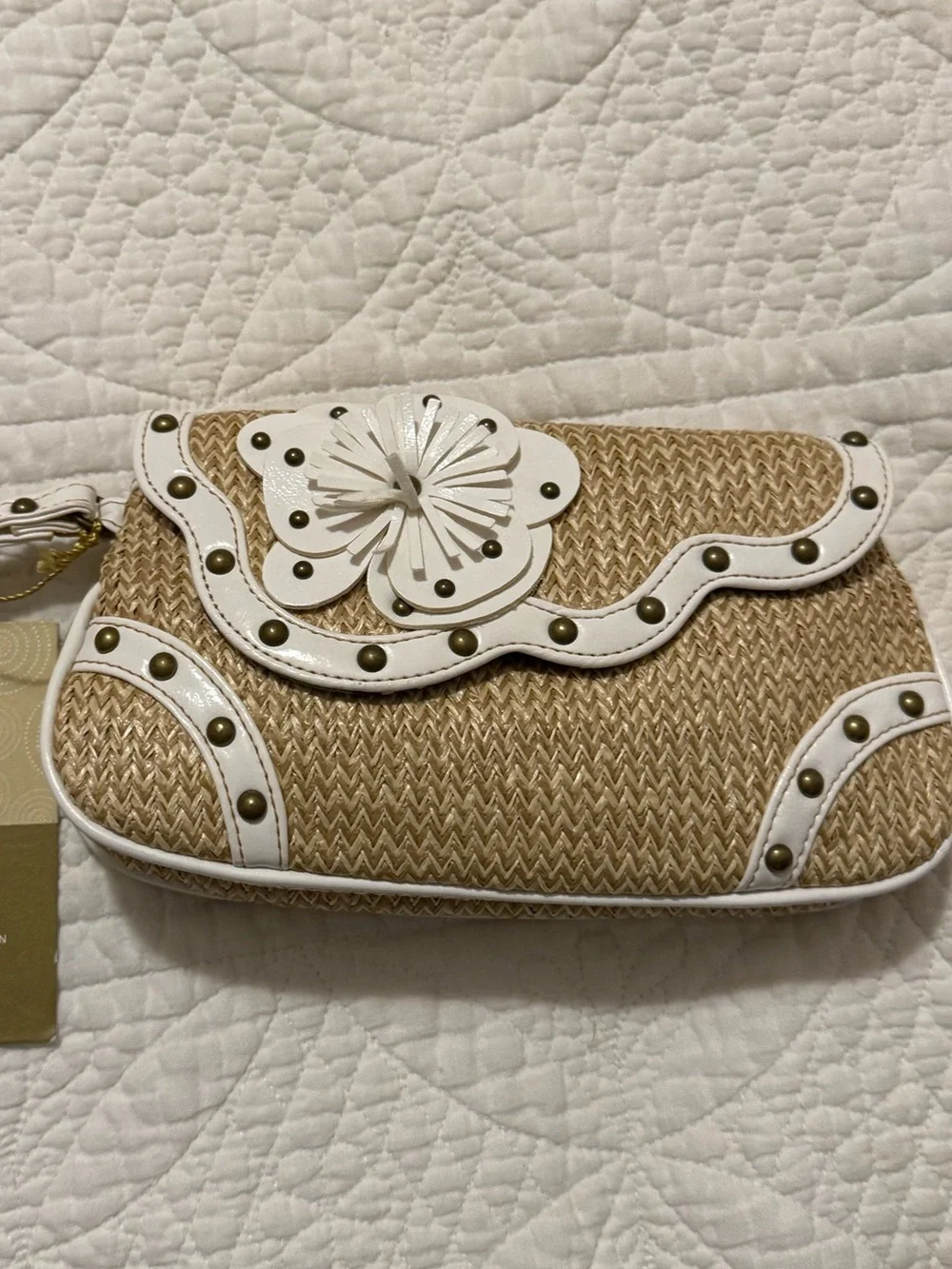 Target Straw Wristlet Clutch with White Trim and Floral Accent